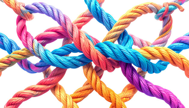 Woven multicolored ropes intertwining, creating a close-up abstract view