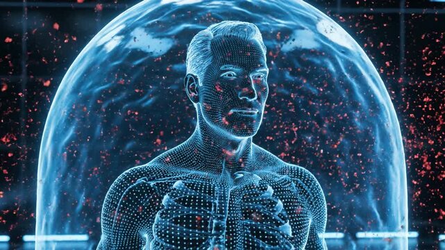 Futuristic medical hologram of human torso with visible ribcage and skeletal structure inside translucent protective dome blue digital medical visualization, holographic clinical interface