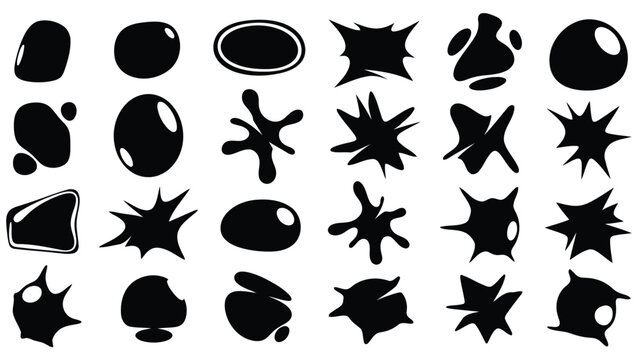 Abstract collection of black blob shapes and starburst designs on white background