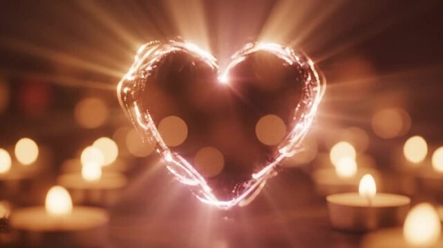 Glowing Heart Surrounded by Candles Creating a Romantic and Magical Atmosphere