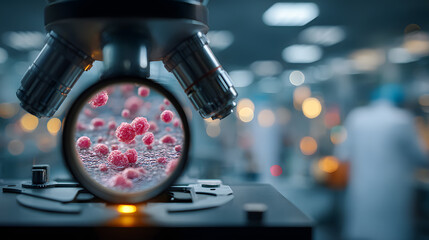 Laboratory Microscope View Pink Cell Bacteria Virus Medical Research Science Study Disease Biology Health Hospital Equipment