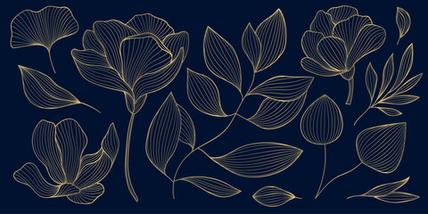 Vector set of line flowers and leaves. Golden Chinese rises, branches on dark background isolated. Elegant luxury spring illustration.