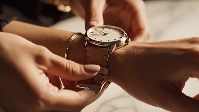 Woman Fastening Leather Strap Watch on Marble Background for Style Fashion Advertising or Time Management Concepts 180