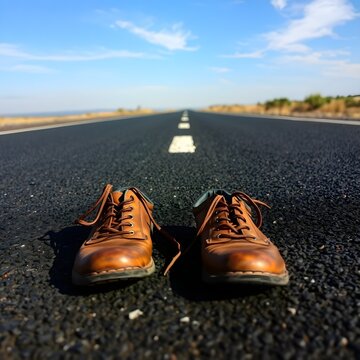 pair of worn old shoes with scuffed leather