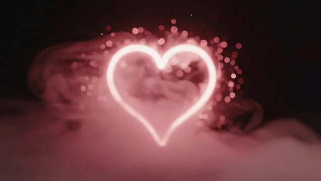 Romantic heart shape illuminated against a dark backdrop with swirling pink smoke