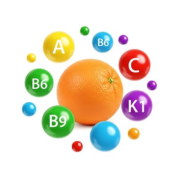Orange surrounded by vitamins and minerals for healthy diet