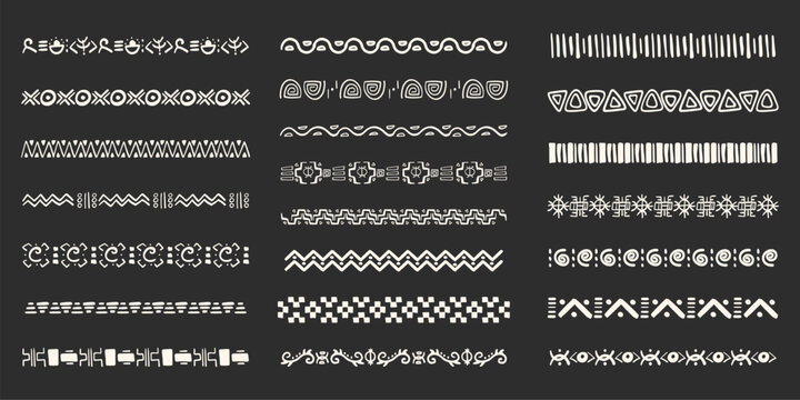 Set tribal ethnic border, divider doodle hand drawn crayon from geometrical shapes isolated dark background. Boho motif scandinavian srtoke, traditional native decor.