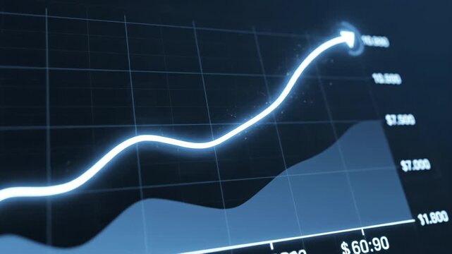 Glowing upward financial chart line with rising arrow, blue area and grid, numeric axis, illuminated points time and value axes, sleek data visualization conveying growth trend analysis and modern