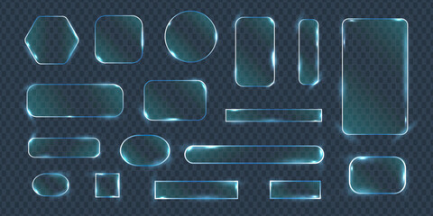 Collection of glowing blue glassmorphism shapes on transparent background. Modern abstract interface elements for apps websites dashboards and futuristic digital design. © Idressart