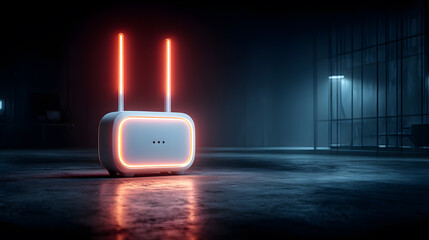 Futuristic Wireless Internet Router with Glowing Neon Orange Antenna Light in Dark Modern Office Room Setting