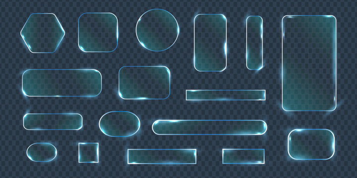 Collection of glowing blue glassmorphism shapes on transparent background. Modern abstract interface elements for apps websites dashboards and futuristic digital design.