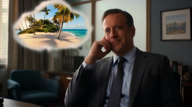 Businessman in office with thinking cloud daydreaming of tropical Holiday. Rear view of sitting businessman who dreams about vacation on the beach in office