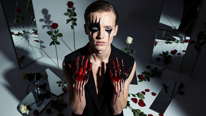 Androgynous model with uneven eyeliner, paint on hands, standing amid broken mirrors and scattered flowers, moody dramatic shadows  