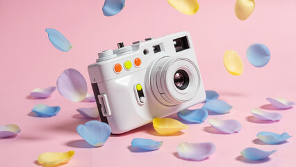 White retro camera with neon orange buttons surrounded by pastel petals  