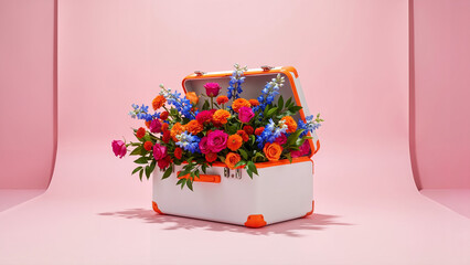 White suitcase with neon orange edges filled with colorful flowers  