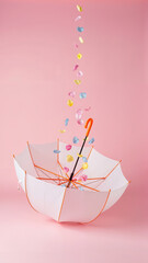 Open white umbrella with colorful confetti raining indoors  