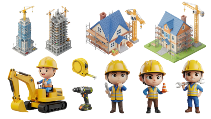 set of 3d construction workers on a construction site