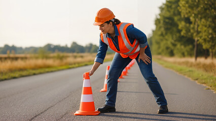 Woman setting a traffic cone on the roadside, focused and professional  