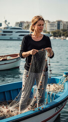 Woman standing by a small fishing boat mending a fishing net by the water, calm and weathered by the sea  