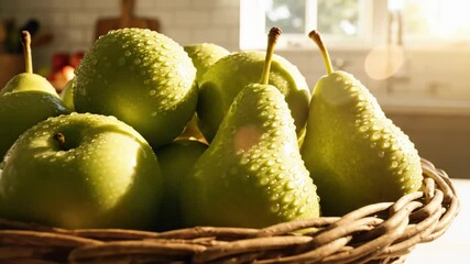 Fresh green apples and pears in a wicker basket on a kitchen counter. Wet fruit with water droplets in sunlight. Healthy eating and St. Patrick's Day concept - Powered by Adobe