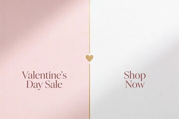 Elegant Valentine s Day sale banner with soft pink and white split background, gold glitter heart line divider and stylish serif typography reading Valentine s Day Sale Shop Now.