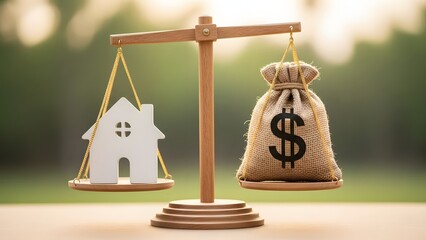 Real estate investment and home value balance. Mortgage and property loan concept. Miniature house and money bag balanced on a wooden scale in nature