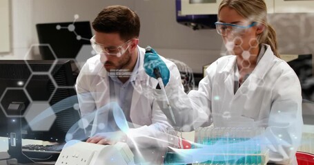 Animation of data processing over caucasian scientists talking - Powered by Adobe