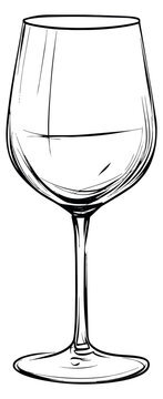 Hand drawn line art illustration of a wine glass depicting an empty vessel for beverage concepts