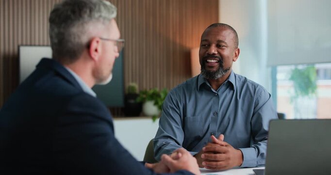 Meeting, discussion or business people with laptop in office, investment project or teamwork for plan. Talk, pc or mature worker with finance director for trading proposal pitch, explain risk or idea