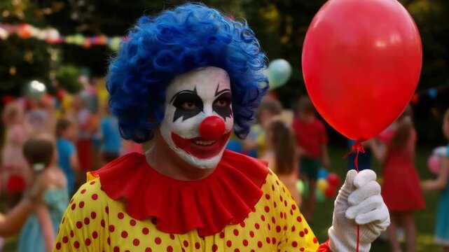 Birthday child clown with balloons bunch on kid's party in garden. Events organizer man is standing dressed as a clow for children