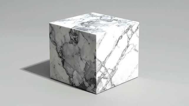A square white marble block with gray veins on a neutral gray surface, casting a subtle shadow