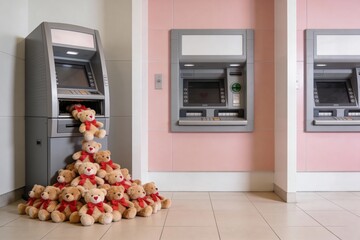 Funny conceptual image of an ATM machine overflowing with plush teddy bears wearing red bows, forming a pyramid on the floor in a pastel pink bank hallway, symbolizing love, gifts.
