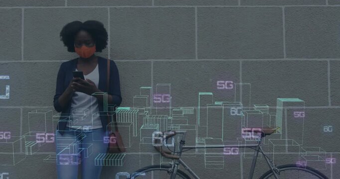 Animation of graphical rotating skyscrapers and 5g text over african american woman using cellphone