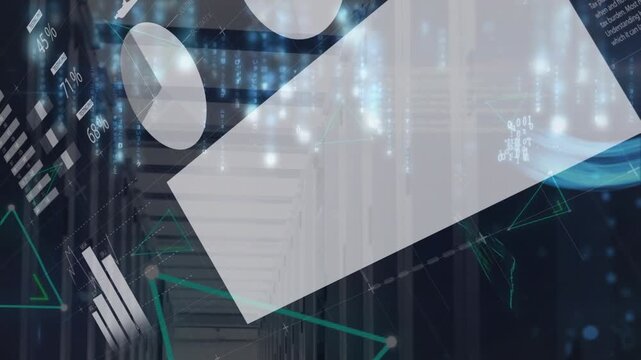 Animation of graphs, charts with financial data processing on digital interface against server room
