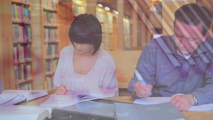 Animation of infographic interface over caucasian adult students studying in library - Powered by Adobe