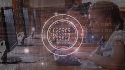 Animation of numbers changing in circle, connecting dots over students using computer in classroom - Powered by Adobe