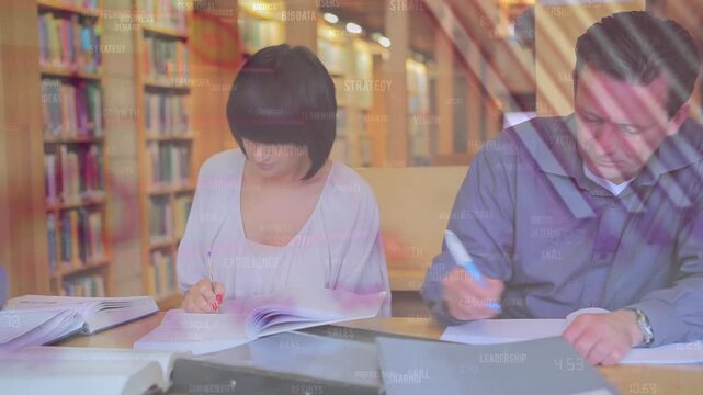 Animation of infographic interface over caucasian adult students studying in library