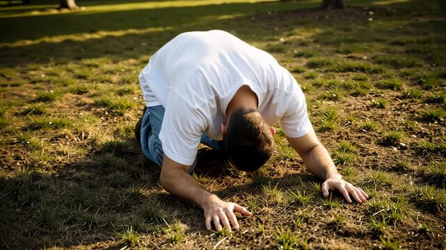 Man kneeling on the ground in a position of prayer or despair. Person bowing down on grass with bright sunlight and sun rays. Spiritual worship or mental health concept