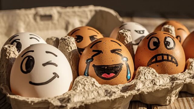 Chicken eggs with funny hand-drawn faces in a carton displaying various emotions. Angry, shocked, and laughing expressions on Easter eggs. Concept of feelings and humor