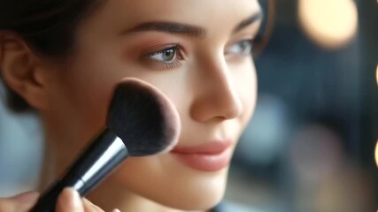 Faceless woman applying powder blush with makeup brush to cheek, professional beauty look creation, cosmetic application salon services, makeup artistry treatment, with copy space