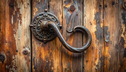 A close-up of a rustic metal door handle mounted on a weathered wooden door with chipped paint, set against a soft-focus garden background with green foliage, colorful flowers, and large trees.