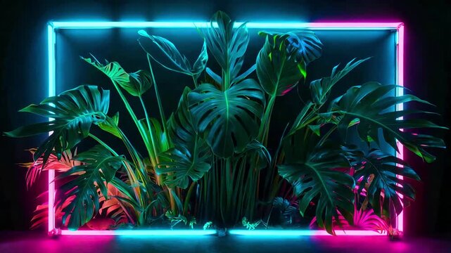 Tropical monstera plants illuminated by vibrant neon light frame featuring blue and pink glowing borders set against a dark background for futuristic aesthetic design concepts and moody botanical art 