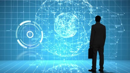 Animation of digital data processing over screens and grid background - Powered by Adobe