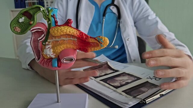 Model of human anatomy showing detailed pancreas, liver, and gallbladder in a medical setting
