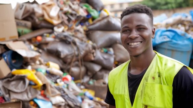 A slow motion video features a young African American worker smiling while sorting waste in a recycling factory, emphasizing eco-friendly practices environmental responsibility.