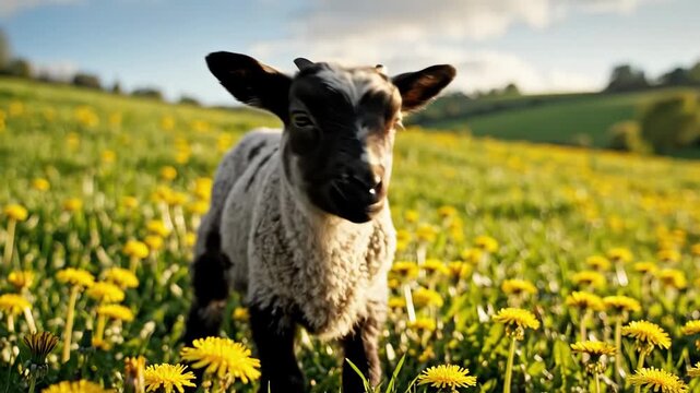 Spotted lamb grazing in a green field full of yellow dandelions. Cute baby sheep eating grass in a sunny spring meadow. Farm animal and Easter concept