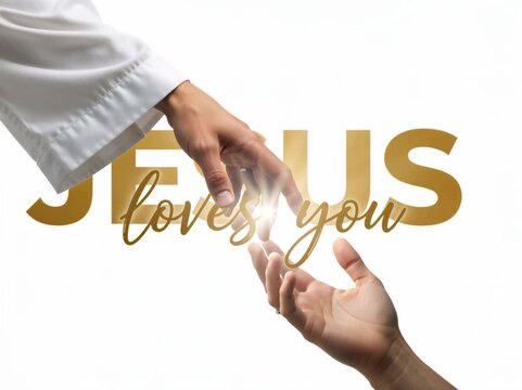 Hands reaching with Jesus loves you gold text on white background. Religious concept of divine love and salvation. Christian faith message