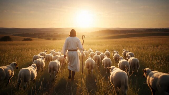 Shepherd leading a flock of sheep through a golden field at sunset. Jesus figure walking with a staff in a meadow. Good Shepherd and spiritual guidance concept