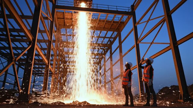 Workers in safety gear watch molten sparks falling from steel structure at dusk. Image captures heavy industry scale and danger. Ideal for construction and manufacturing visuals.