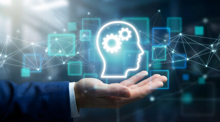A hand presents a glowing AI brain icon with gears, symbolizing artificial intelligence, innovation, and technological advancement amidst a digital network